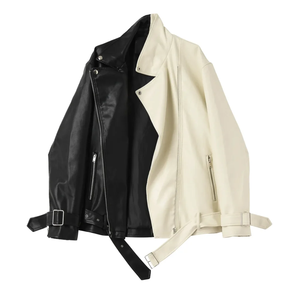 Womenâ€™s Black & Beige Genuine Sheepskin Lapel Collar Moto Biker Casual Classic Loose Oversized CafÃ© Racer Asymmetric Leather Jacket - Image 2
