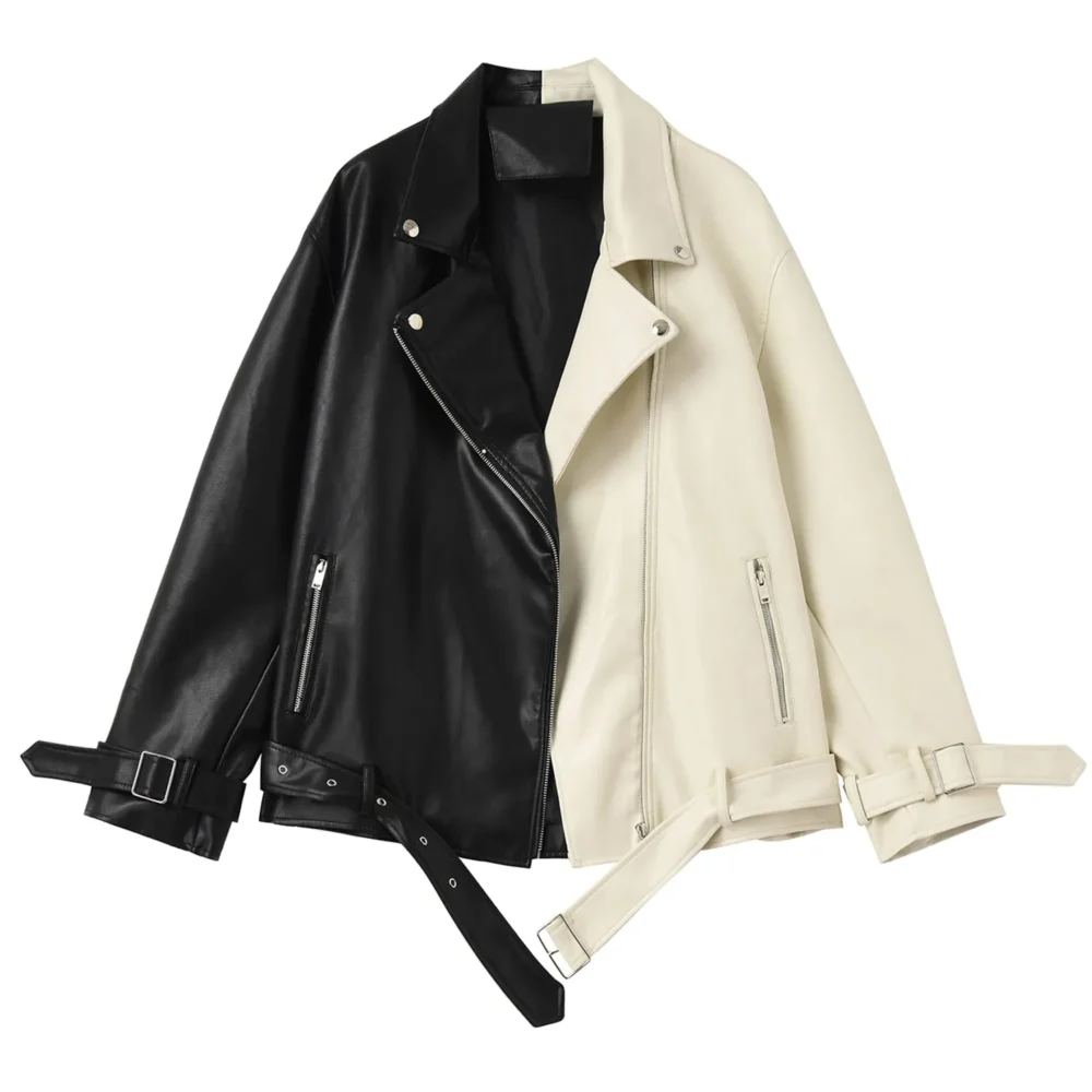 Womenâ€™s Black & Beige Genuine Sheepskin Lapel Collar Moto Biker Casual Classic Loose Oversized CafÃ© Racer Asymmetric Leather Jacket - Image 3