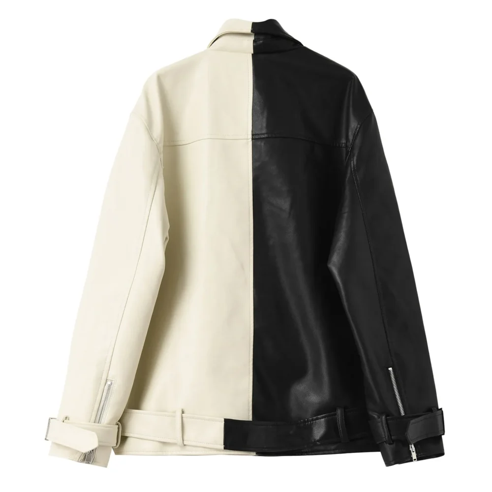 Womenâ€™s Black & Beige Genuine Sheepskin Lapel Collar Moto Biker Casual Classic Loose Oversized CafÃ© Racer Asymmetric Leather Jacket - Image 4