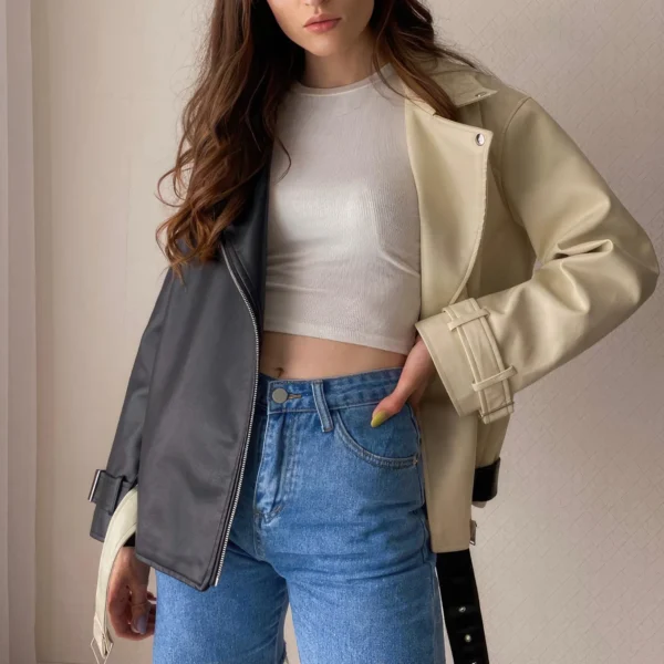 Womenâ€™s Black & Beige Genuine Sheepskin Lapel Collar Moto Biker Casual Classic Loose Oversized CafÃ© Racer Asymmetric Leather Jacket