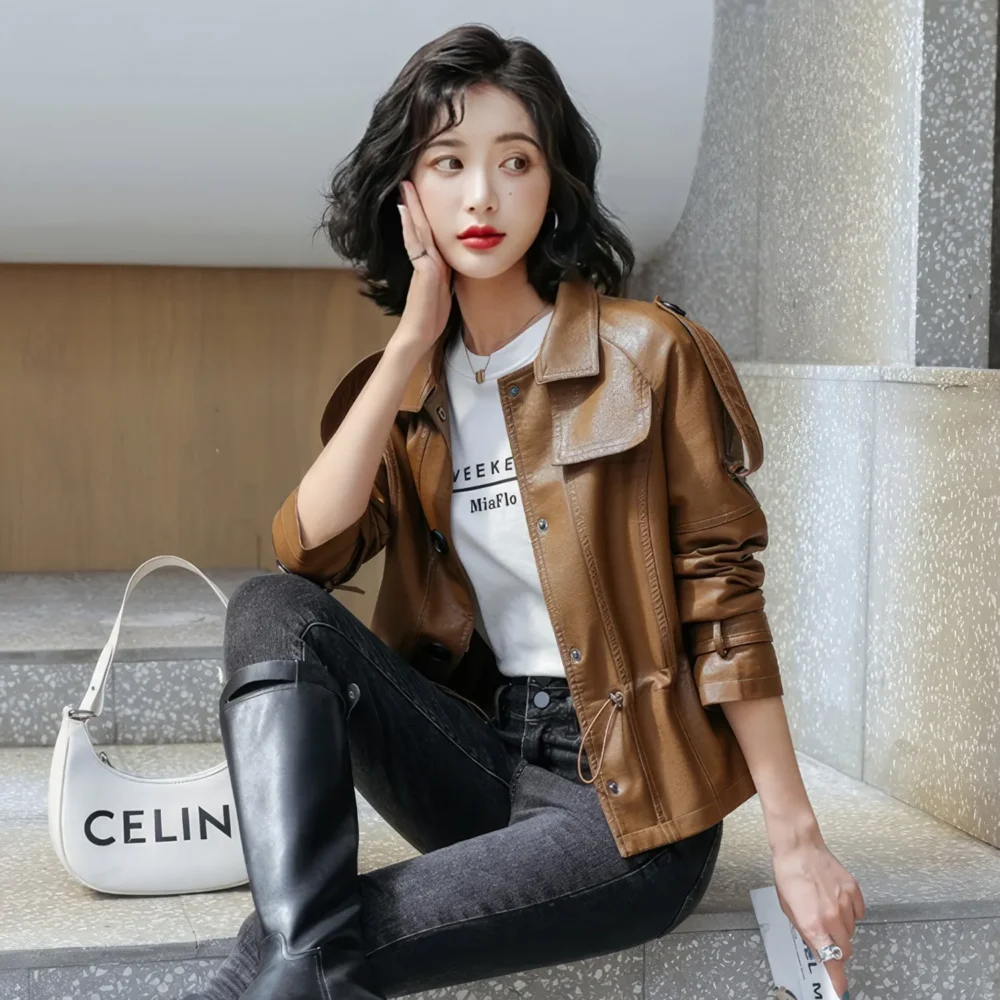 Womenâ€™s Brown Genuine Sheepskin Shirt Collar Classic Fashionable Slim Fit Drawstring Streetwear Casual Leather Jacket - Image 4