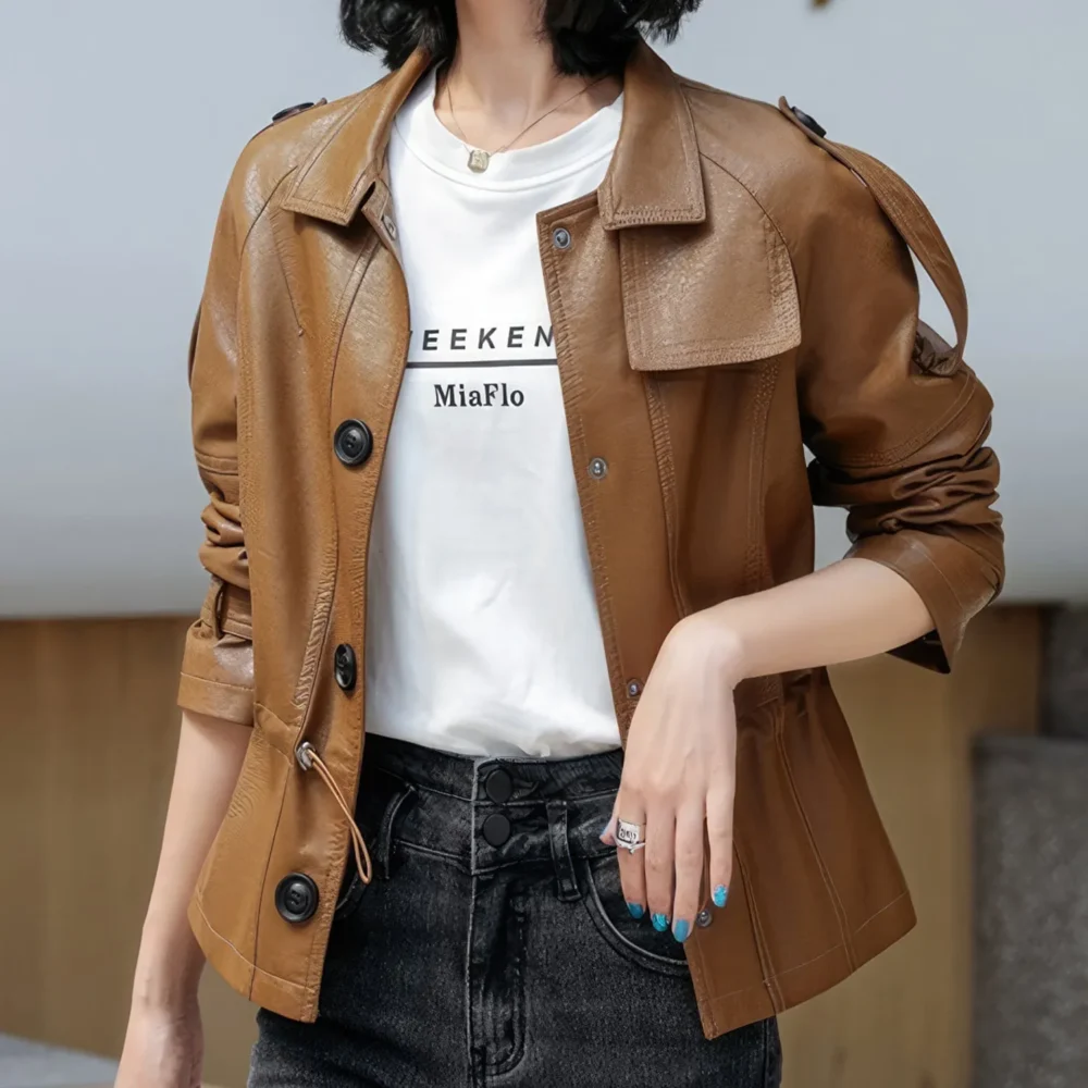 Womenâ€™s Brown Genuine Sheepskin Shirt Collar Classic Fashionable Slim Fit Drawstring Streetwear Casual Leather Jacket - Image 3