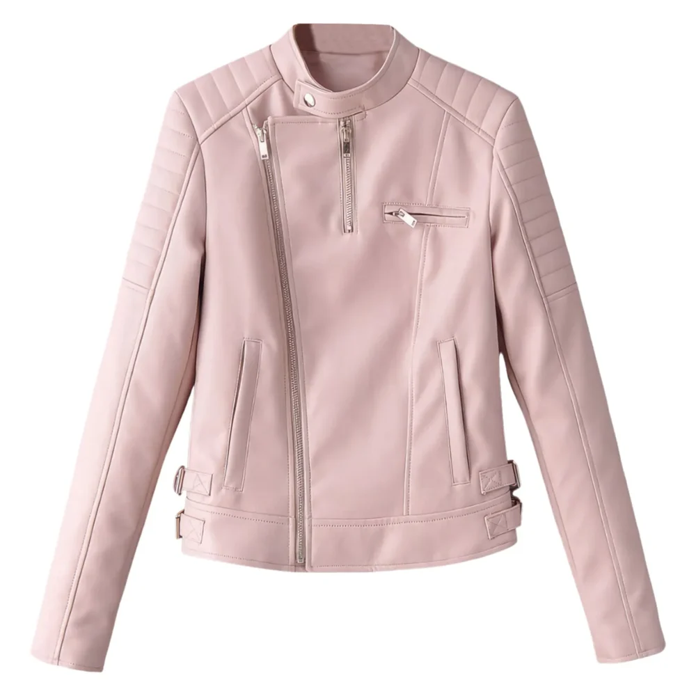 Womenâ€™s Baby Pink Biker Genuine Sheepskin Quilted Shoulders Moto Racer Sporty Slim Fit Crossover Asymmetric Leather Jacket