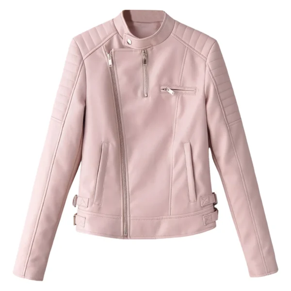 Womenâ€™s Baby Pink Biker Genuine Sheepskin Quilted Shoulders Moto Racer Sporty Slim Fit Crossover Asymmetric Leather Jacket