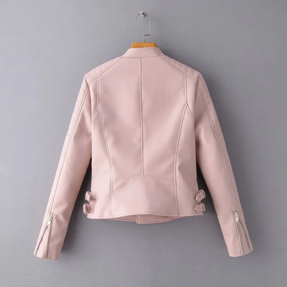 Womenâ€™s Baby Pink Biker Genuine Sheepskin Quilted Shoulders Moto Racer Sporty Slim Fit Crossover Asymmetric Leather Jacket - Image 2