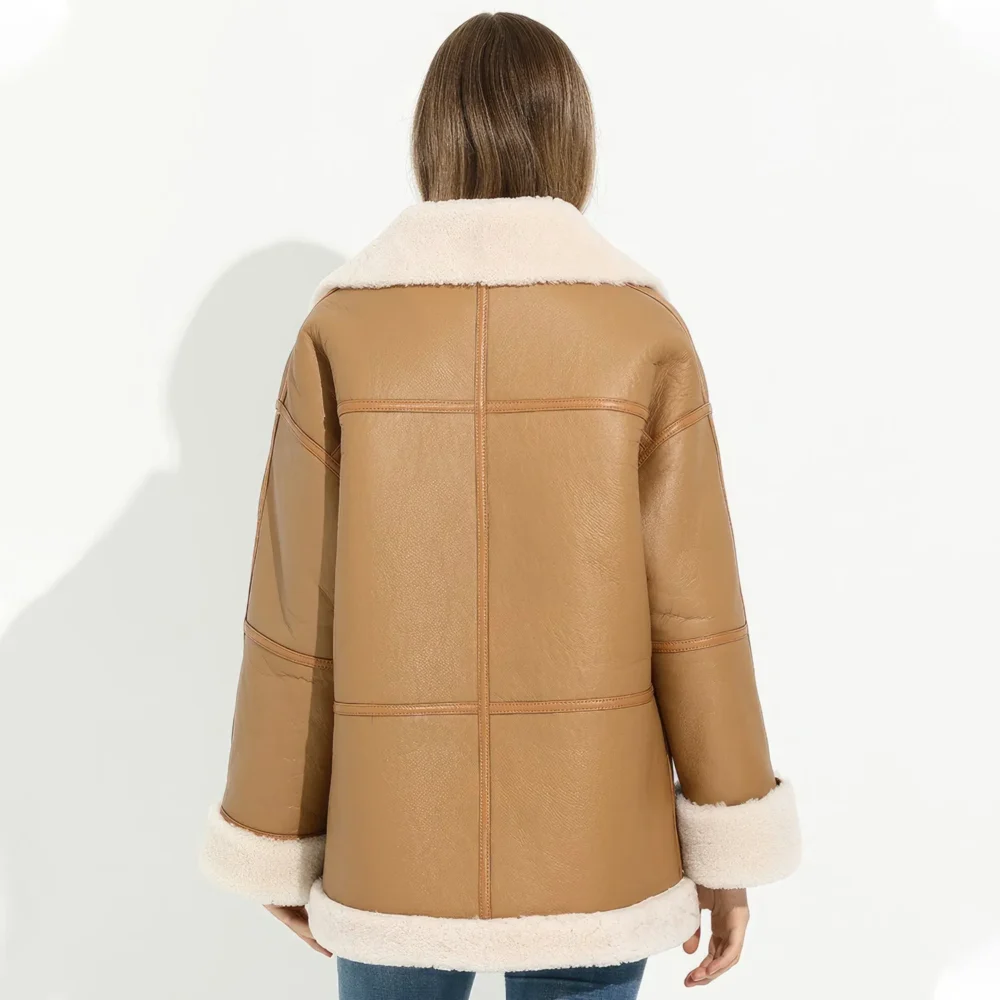 Womenâ€™s Camel Brown Genuine Sheepskin Sherpa Shearling Faux Fur Lined Winter Warm Eco-Fur Fashionable Aviator Pilot Leather Jacket - Image 3