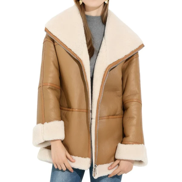 Womenâ€™s Camel Brown Genuine Sheepskin Sherpa Shearling Faux Fur Lined Winter Warm Eco-Fur Fashionable Aviator Pilot Leather Jacket