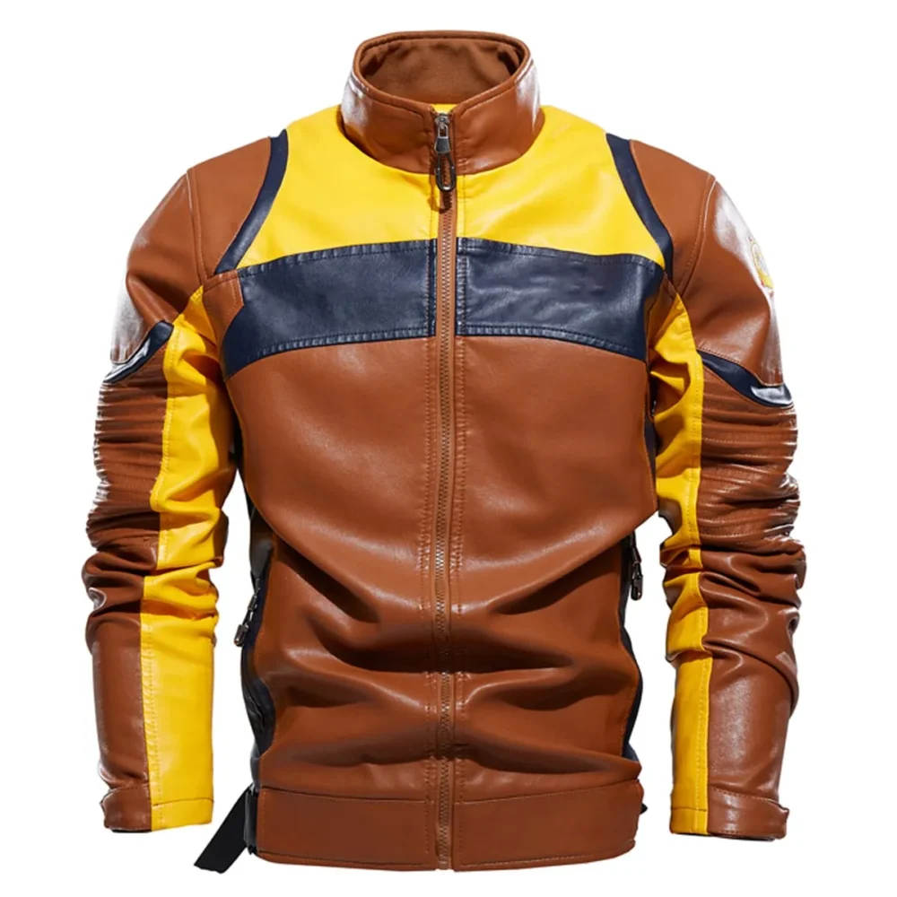 Menâ€™s Brown Biker PU CafÃ© Racer Stand Collar Zip-Up Brown Multi Color Retro Moto Riding Sporty Casual Classic Scooter Faux Leather Jacket