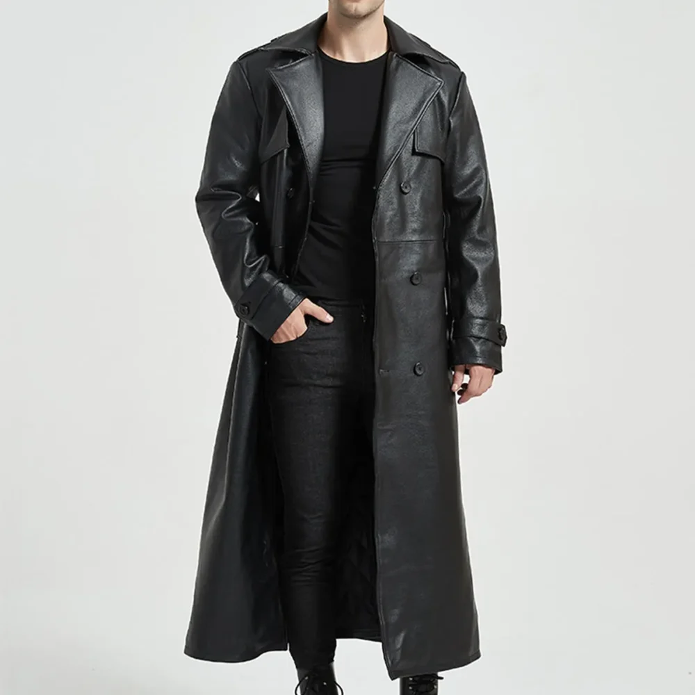Black Genuine Sheepskin Lapel Collar Slim Fit Matrix Quilted Long Leather Trench Coat - Image 2