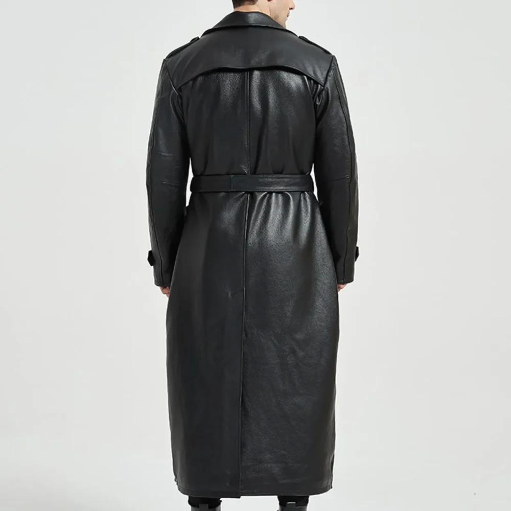 Black Genuine Sheepskin Lapel Collar Slim Fit Matrix Quilted Long Leather Trench Coat - Image 3