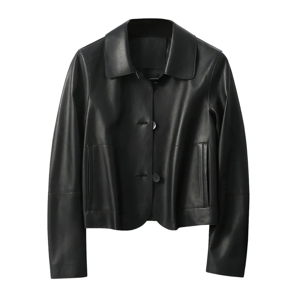 Womenâ€™s Black Genuine Sheepskin Shirt Collar Cropped Fashion Classic Style Lightweight Smooth Leather Jacket