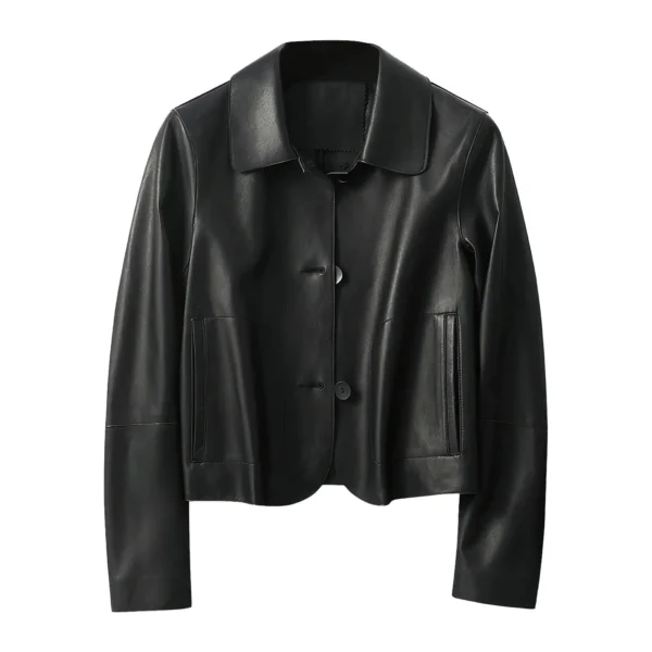 Womenâ€™s Black Genuine Sheepskin Shirt Collar Cropped Fashion Classic Style Lightweight Smooth Leather Jacket