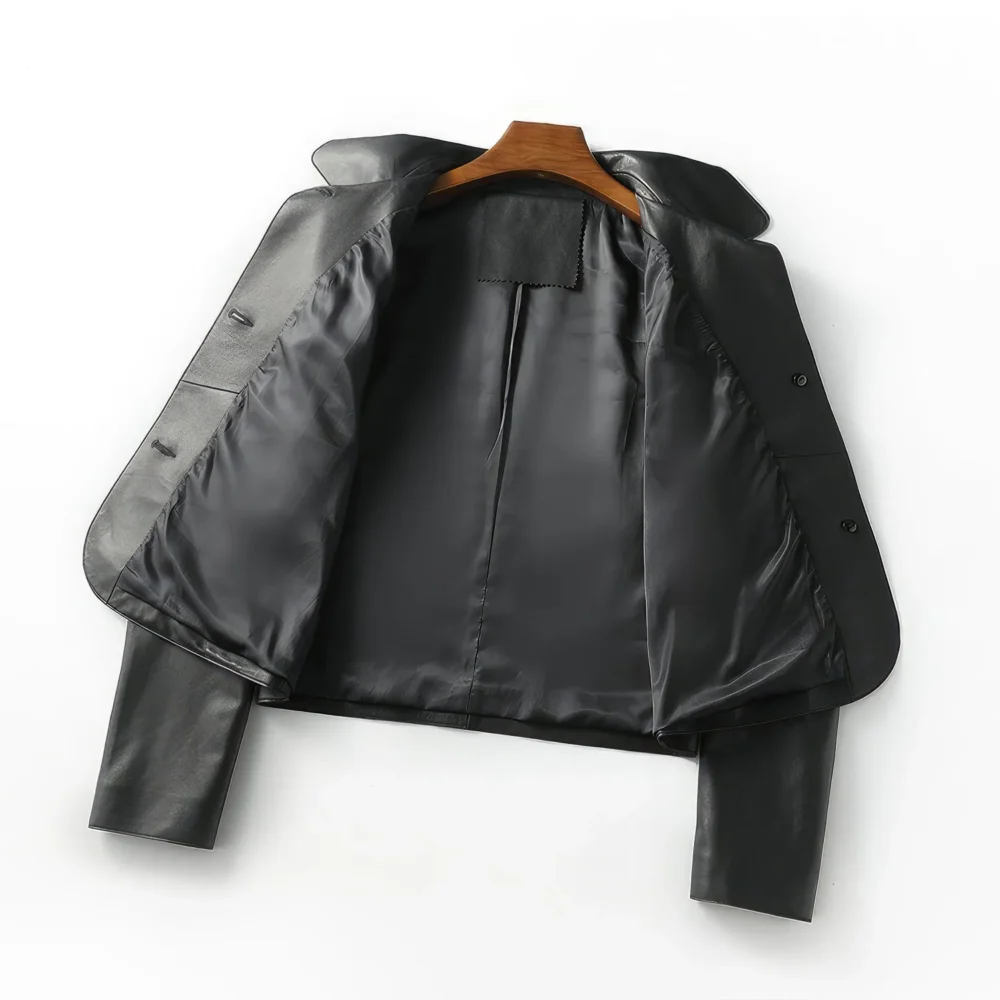 Womenâ€™s Black Genuine Sheepskin Shirt Collar Cropped Fashion Classic Style Lightweight Smooth Leather Jacket - Image 2