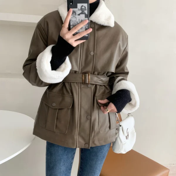 Womenâ€™s Brown Genuine Sheepskin Sherpa Shearling Faux Fur Lined Belted Winter Warm Casual Fashion Loose Leather Jacket