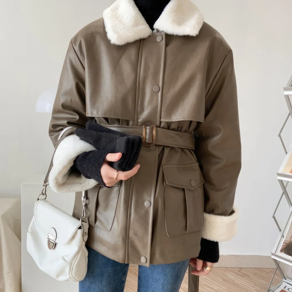 Womenâ€™s Brown Genuine Sheepskin Sherpa Shearling Faux Fur Lined Belted Winter Warm Casual Fashion Loose Leather Jacket - Image 2