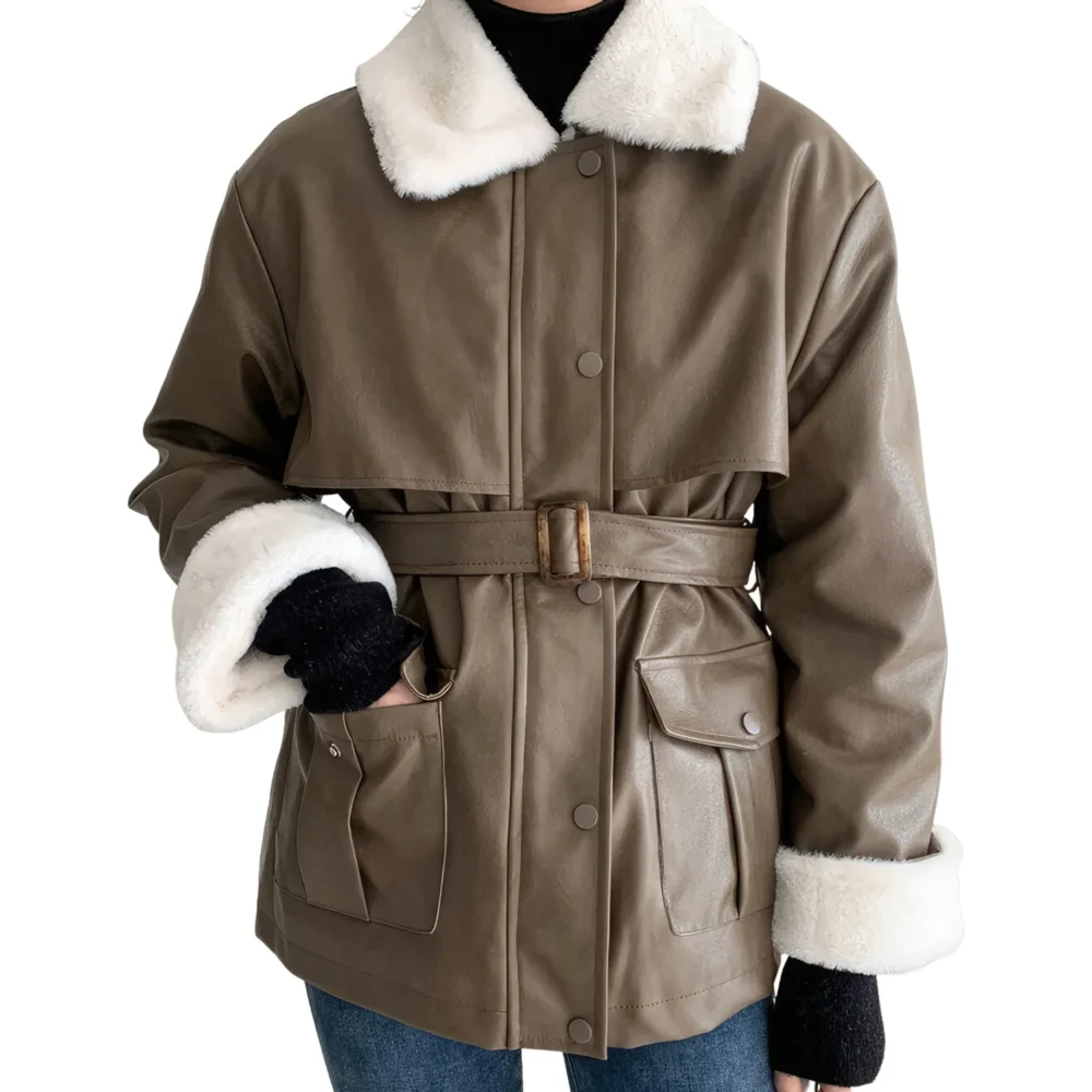 Womenâ€™s Brown Genuine Sheepskin Sherpa Shearling Faux Fur Lined Belted Winter Warm Casual Fashion Loose Leather Jacket - Image 3