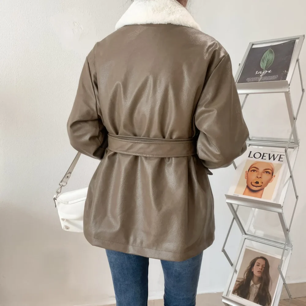 Womenâ€™s Brown Genuine Sheepskin Sherpa Shearling Faux Fur Lined Belted Winter Warm Casual Fashion Loose Leather Jacket - Image 4