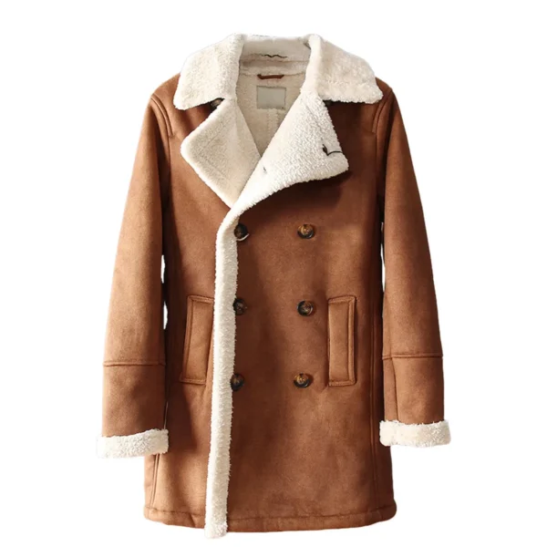 Menâ€™s Brown Suede Sherpa Shearling Faux Fur Lined Double Breasted Lapel Collar Winter Warm Casual Classic Rugged Trench Coat
