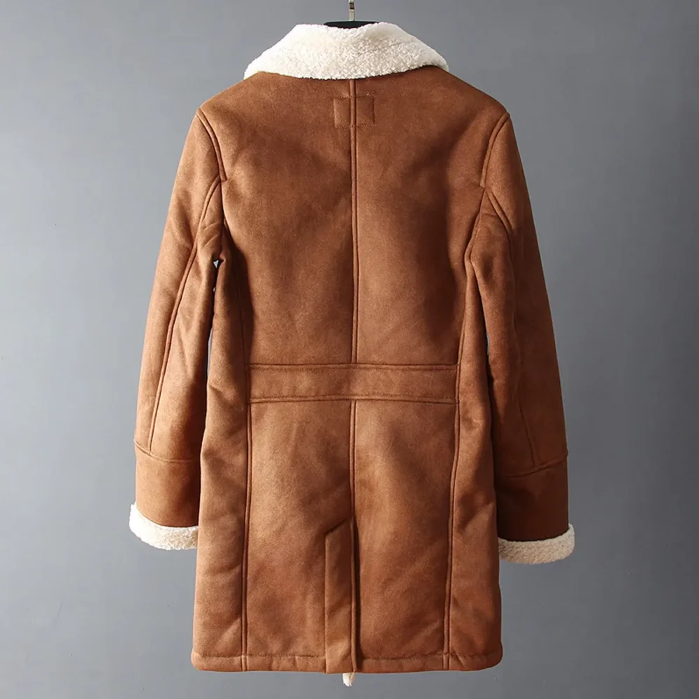 Menâ€™s Brown Suede Sherpa Shearling Faux Fur Lined Double Breasted Lapel Collar Winter Warm Casual Classic Rugged Trench Coat - Image 2