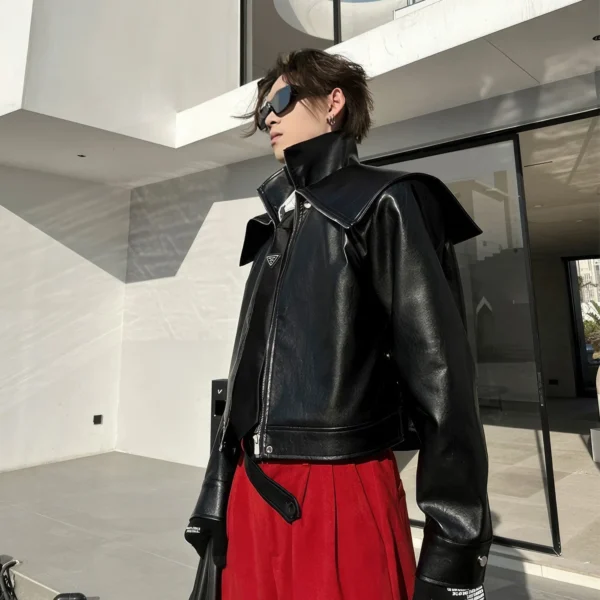 Menâ€™s Black Biker Genuine Sheepskin Stand Collar Oversized Fashion Designer Shoulders Punk Style Classic Rock star Leather Jacket