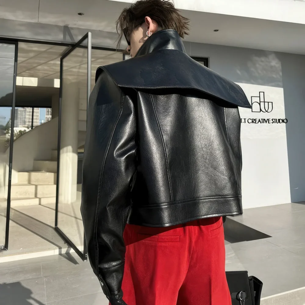 Menâ€™s Black Biker Genuine Sheepskin Stand Collar Oversized Fashion Designer Shoulders Punk Style Classic Rock star Leather Jacket - Image 2
