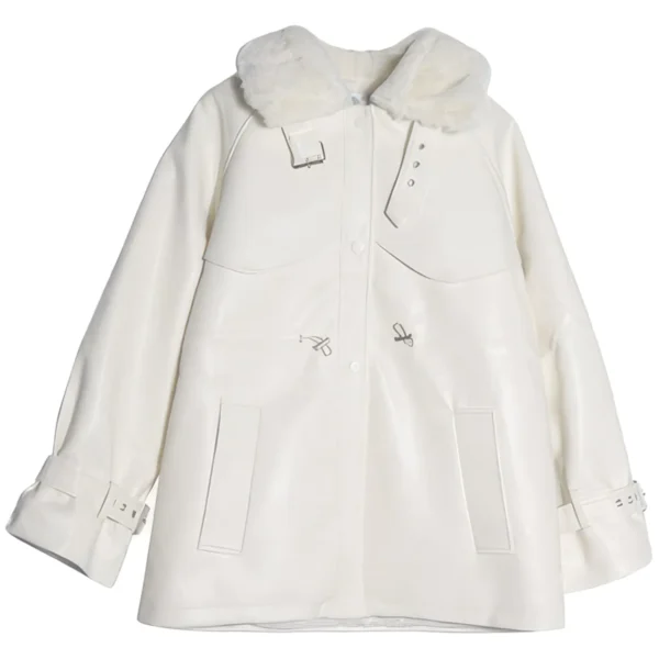 Womenâ€™s White Genuine Sheepskin Sherpa Shearling Faux Fur Lined Casual Fashion Thick Oversized Waist Drawstring Leather Jacket