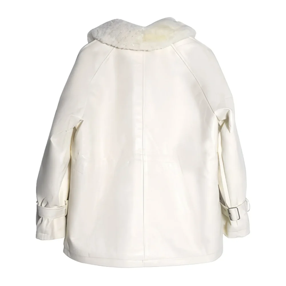 Womenâ€™s White Genuine Sheepskin Sherpa Shearling Faux Fur Lined Casual Fashion Thick Oversized Waist Drawstring Leather Jacket - Image 2