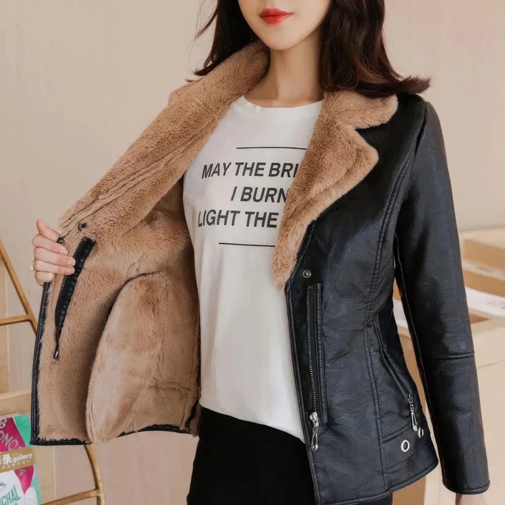 Womenâ€™s Black Biker Genuine Sheepskin Sherpa Shearling Faux Fur Lined CafÃ© Racer Korean Fashion Motorcycle Slim Fit Leather Jacket