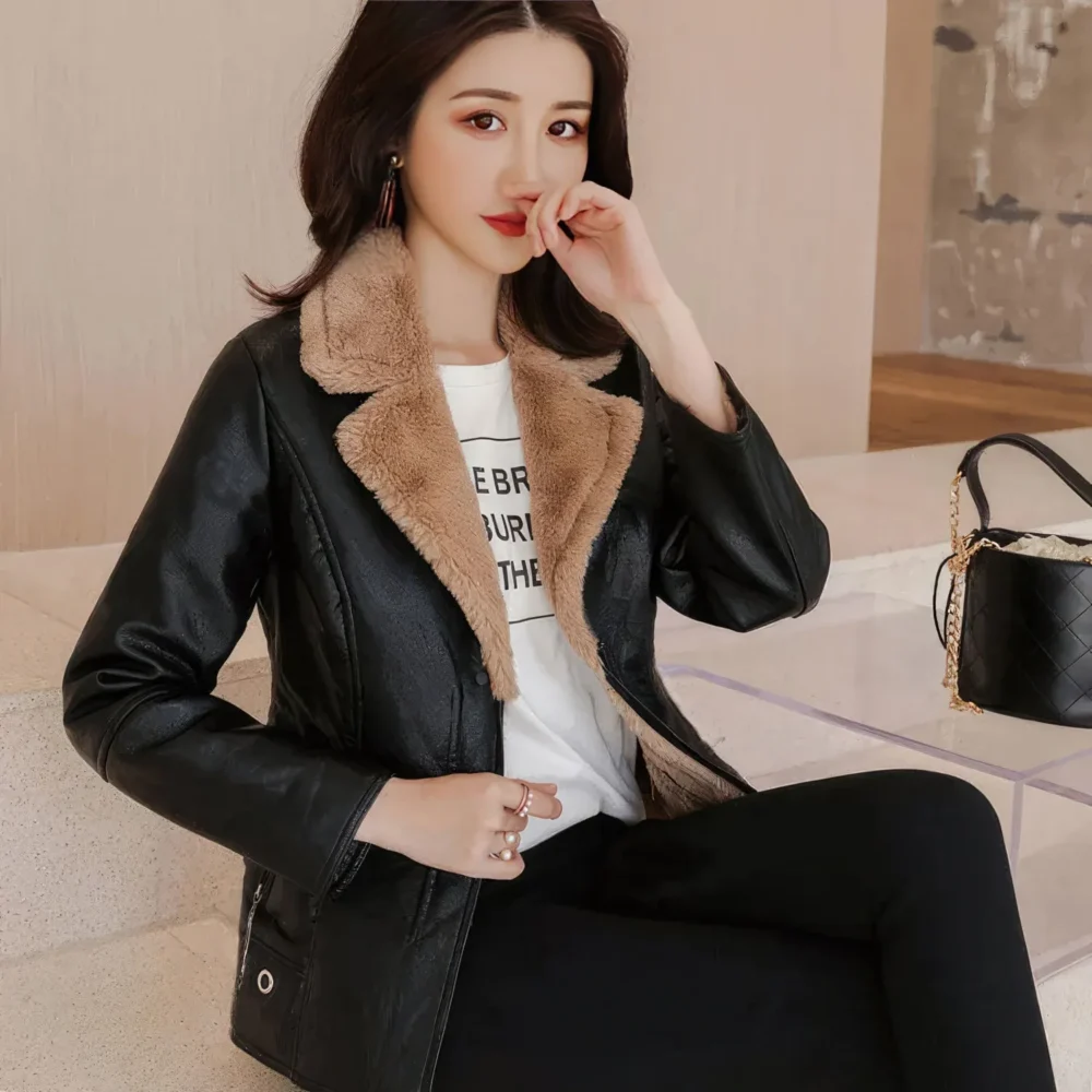 Womenâ€™s Black Biker Genuine Sheepskin Sherpa Shearling Faux Fur Lined CafÃ© Racer Korean Fashion Motorcycle Slim Fit Leather Jacket - Image 3