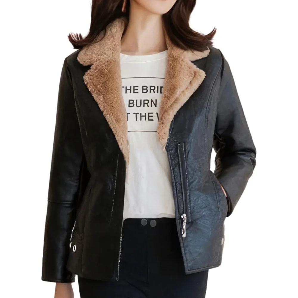 Womenâ€™s Black Biker Genuine Sheepskin Sherpa Shearling Faux Fur Lined CafÃ© Racer Korean Fashion Motorcycle Slim Fit Leather Jacket - Image 2