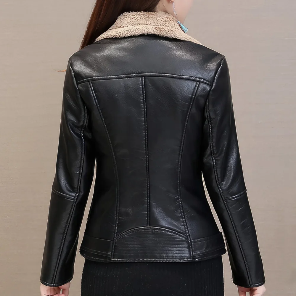 Womenâ€™s Black Biker Genuine Sheepskin Sherpa Shearling Faux Fur Lined CafÃ© Racer Korean Fashion Motorcycle Slim Fit Leather Jacket - Image 4