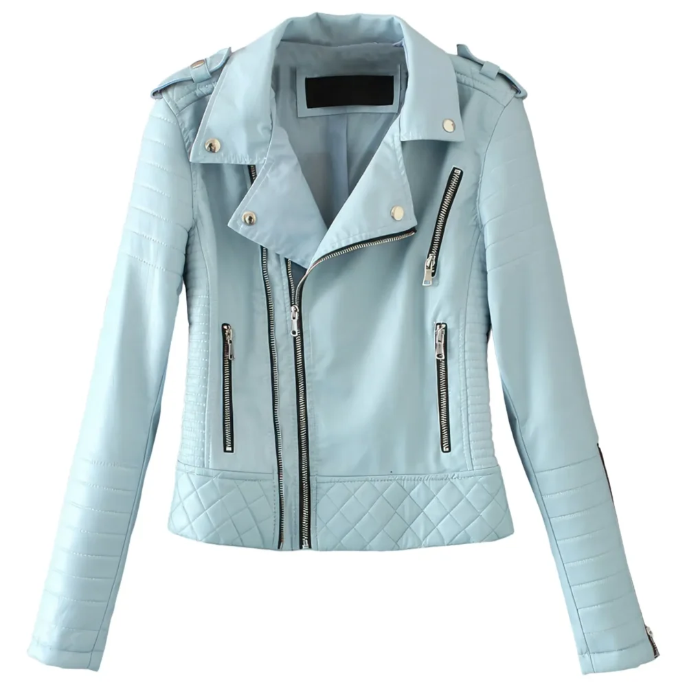 Womenâ€™s Sky Blue Biker Genuine Sheepskin Lapel Collar CafÃ© Racer Outfit Quilted Design Sporty Crossover Asymmetric Rider Leather Jacket