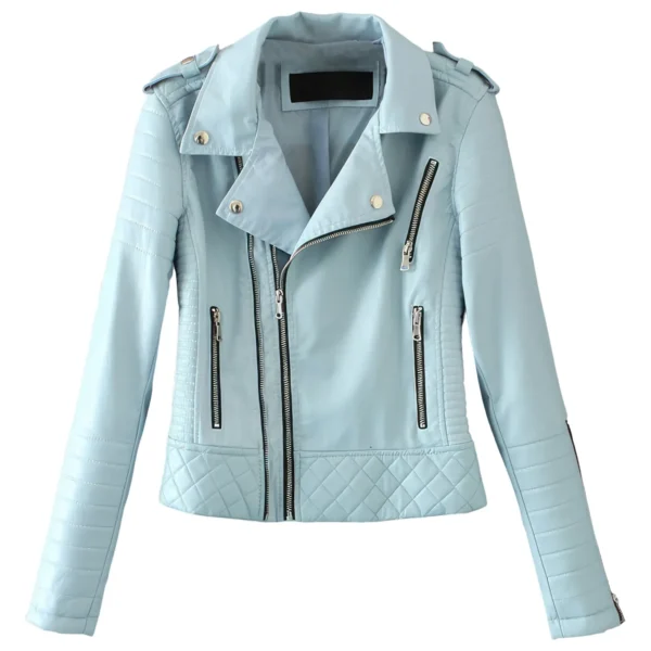 Womenâ€™s Sky Blue Biker Genuine Sheepskin Lapel Collar CafÃ© Racer Outfit Quilted Design Sporty Crossover Asymmetric Rider Leather Jacket
