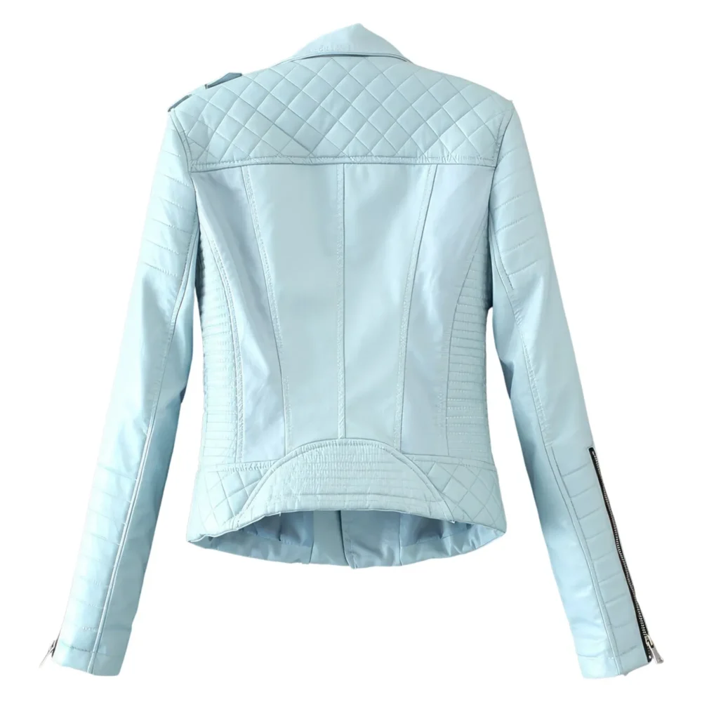 Womenâ€™s Sky Blue Biker Genuine Sheepskin Lapel Collar CafÃ© Racer Outfit Quilted Design Sporty Crossover Asymmetric Rider Leather Jacket - Image 2