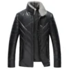 Menâ€™s Black Genuine Sheepskin Faux Fur Collar Quilted Shoulders Padded Thick Winter Warm Puffer Leather Jacket