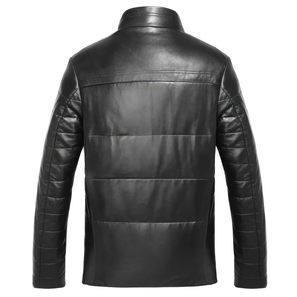 Menâ€™s Black Genuine Sheepskin Faux Fur Collar Quilted Shoulders Padded Thick Winter Warm Puffer Leather Jacket - Image 2