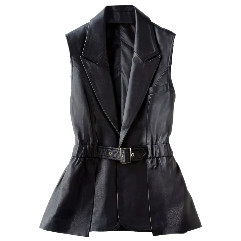 Womenâ€™s Black Genuine Sheepskin Lapel Collar Sleeveless Top Belted Motorcycle Sporty Biker Slim Fit Leather Waistcoat