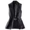 Womenâ€™s Black Genuine Sheepskin Lapel Collar Sleeveless Top Belted Motorcycle Sporty Biker Slim Fit Leather Waistcoat