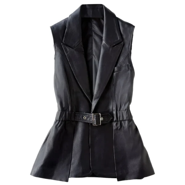 Womenâ€™s Black Genuine Sheepskin Lapel Collar Sleeveless Top Belted Motorcycle Sporty Biker Slim Fit Leather Waistcoat