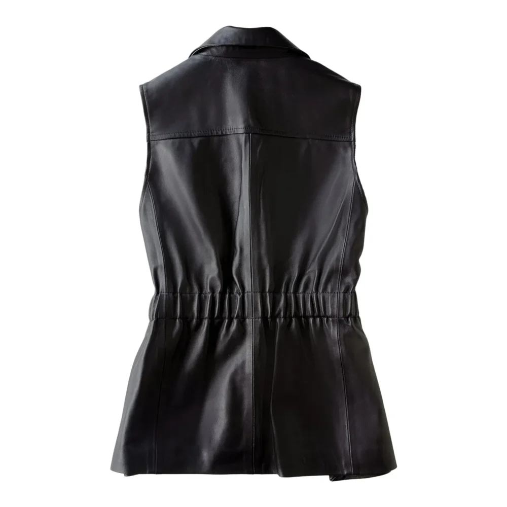 Womenâ€™s Black Genuine Sheepskin Lapel Collar Sleeveless Top Belted Motorcycle Sporty Biker Slim Fit Leather Waistcoat - Image 2
