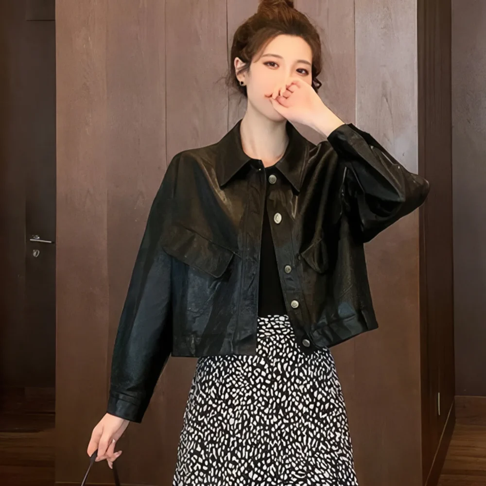 Womenâ€™s Black Genuine Sheepskin Shirt Collar Minimalist Fashion Cropped Top Vintage Casual Smooth Streetwear Retro Leather Jacket