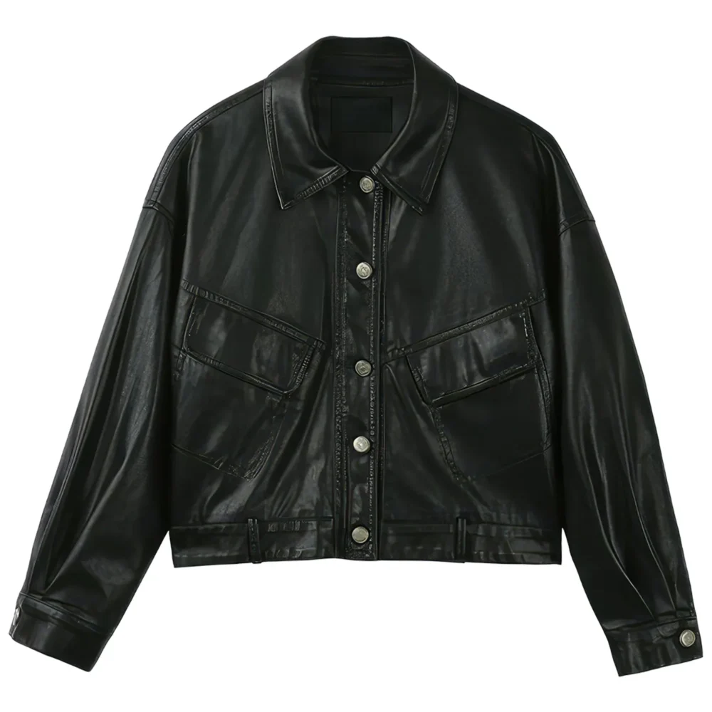 Womenâ€™s Black Genuine Sheepskin Shirt Collar Minimalist Fashion Cropped Top Vintage Casual Smooth Streetwear Retro Leather Jacket - Image 3