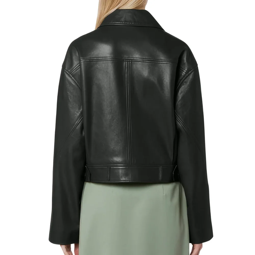 Womenâ€™s Black Genuine Sheepskin Shirt Collar Minimalist Fashion Cropped Top Vintage Casual Smooth Streetwear Retro Leather Jacket - Image 4