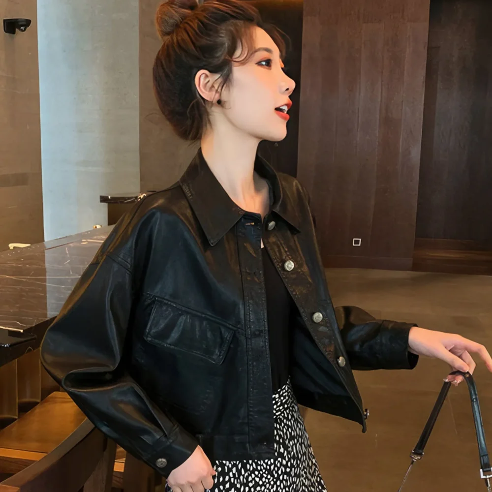 Womenâ€™s Black Genuine Sheepskin Shirt Collar Minimalist Fashion Cropped Top Vintage Casual Smooth Streetwear Retro Leather Jacket - Image 2