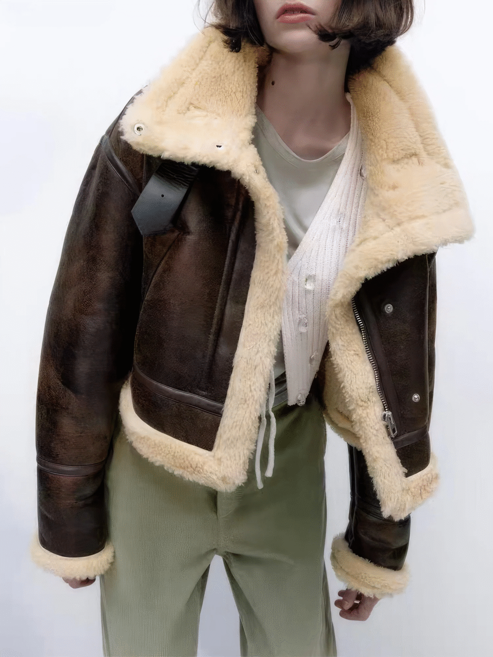 Womenâ€™s Distressed Brown Genuine Lambskin Sherpa Shearling Faux Fur Lined Moto Biker Fashion Winter Thick Bomber Leather Jacket - Image 3