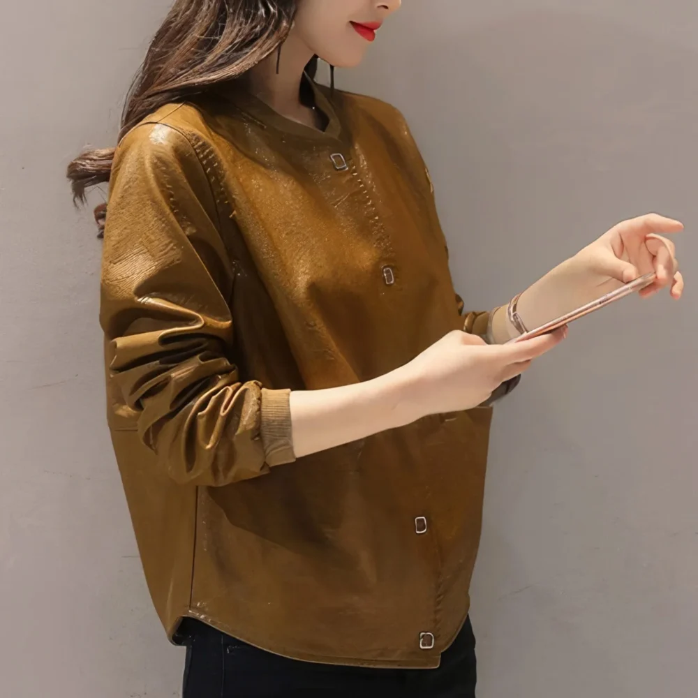 Womenâ€™s Biker Mustard Distressed Genuine Sheepskin Rib Knit Collar Retro Motorcycle Rider Leather Jacket - Image 2
