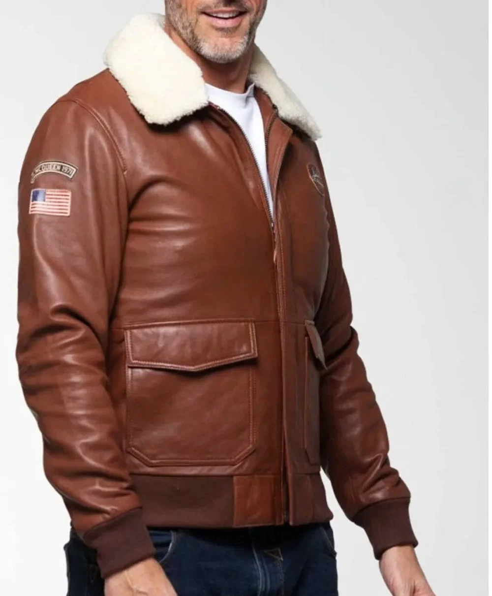 Men's Maverick Tom Cruise Pilot Flight Bomber Real Leather Jacket with Fur Collar - Image 2