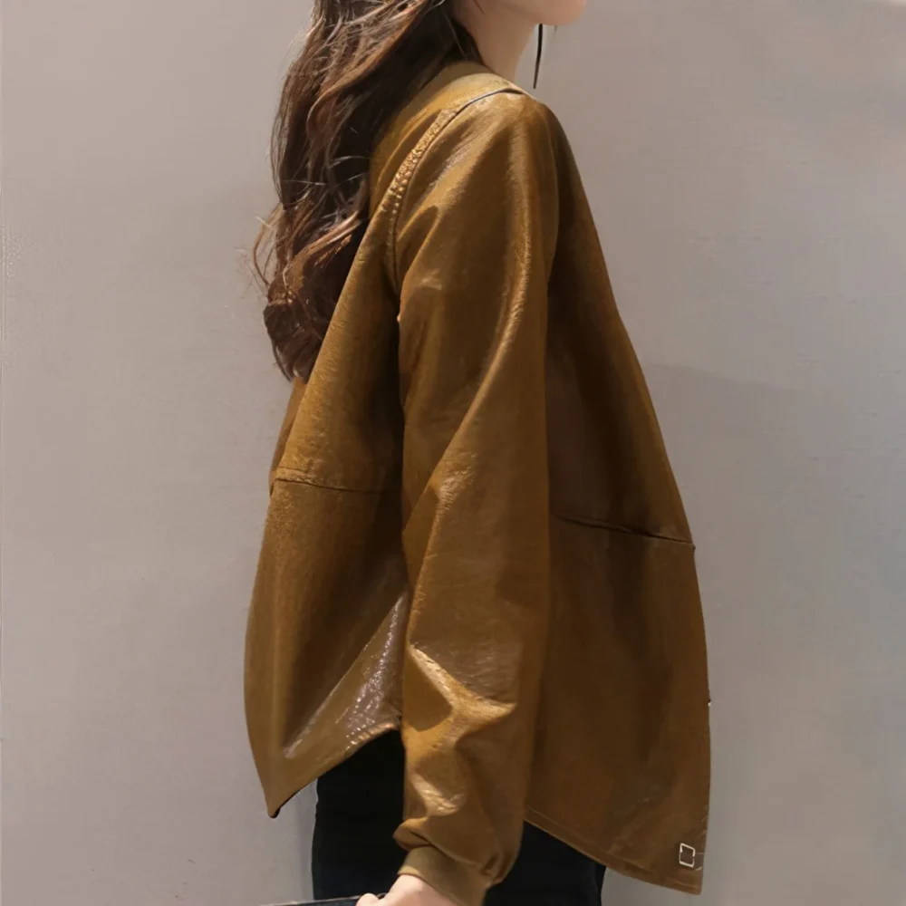 Womenâ€™s Biker Mustard Distressed Genuine Sheepskin Rib Knit Collar Retro Motorcycle Rider Leather Jacket - Image 3
