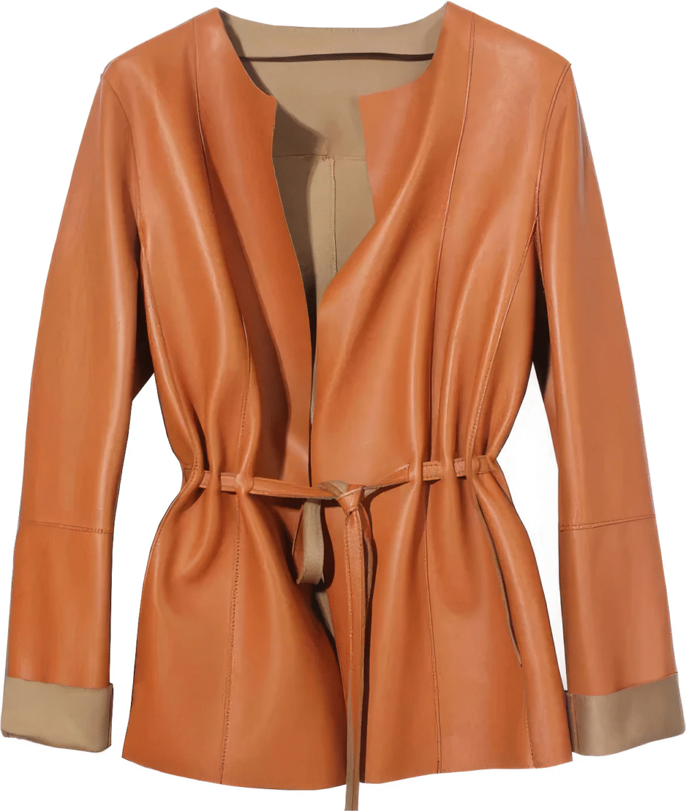 Womenâ€™s Orange Genuine Sheepskin Round Neck Casual European Streetwear Top Fashion Pleated Simple Classic Leather Coat