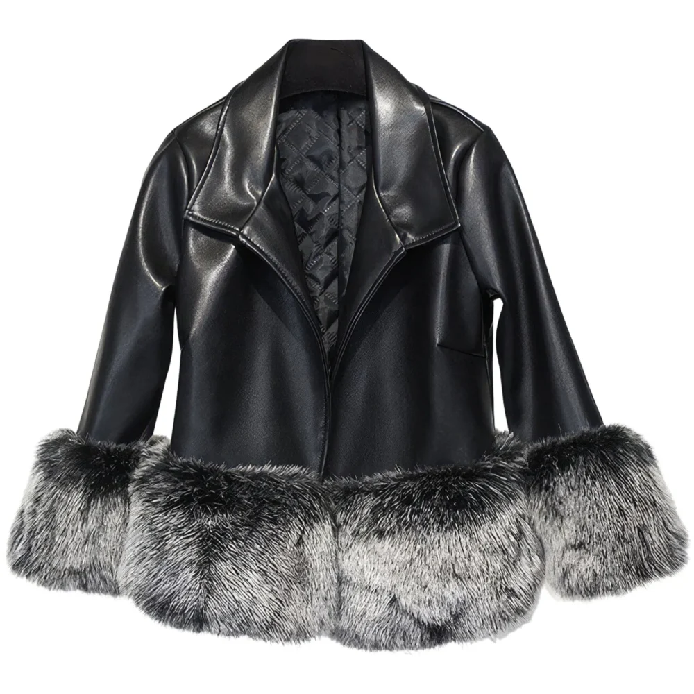 Womenâ€™s Black Genuine Sheepskin Sherpa Shearling Faux Fur Cuffs Fashionable Casual Classic Winter Warm Slim Fit Leather Jacket